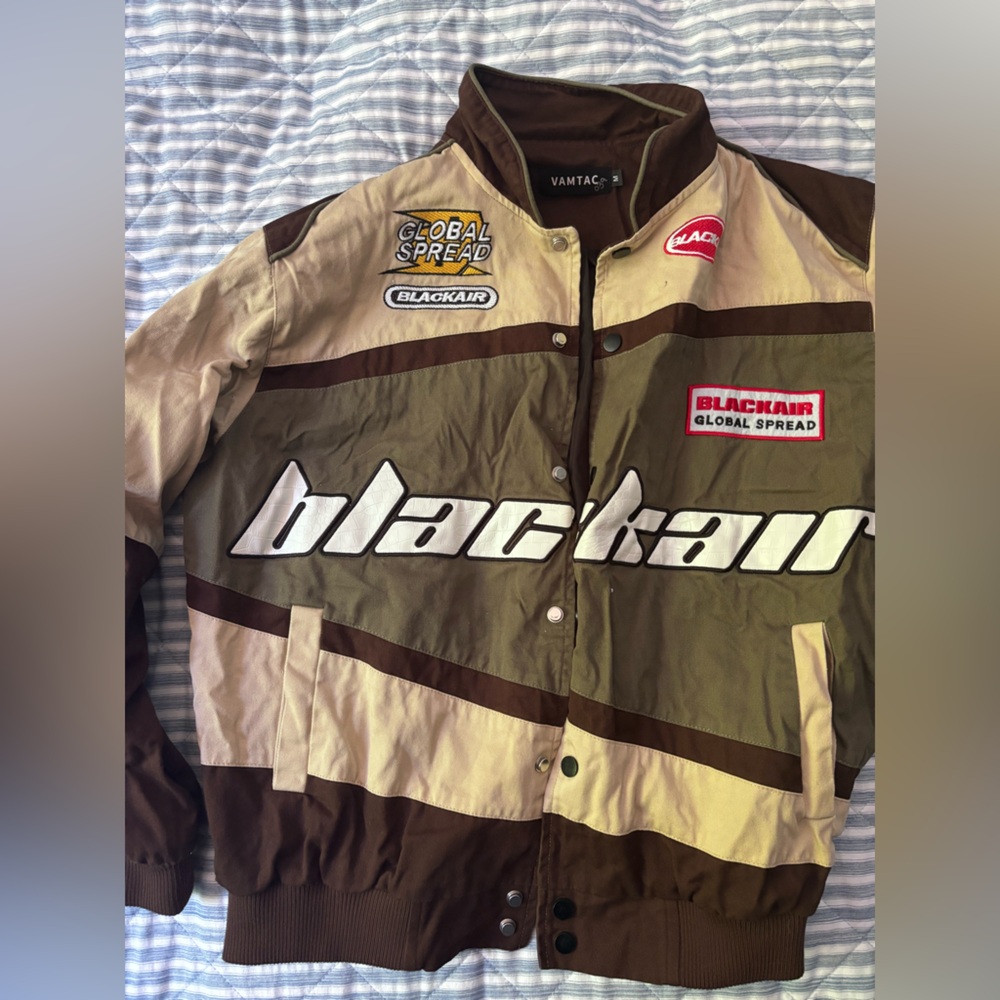 Men's Brown and Tan Bomber Motorsports Racing Jacket